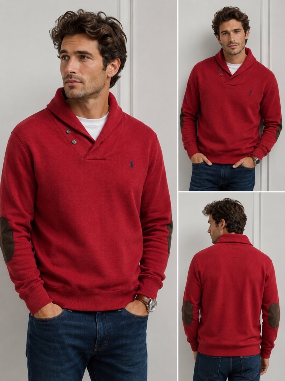 Polo Ralph Lauren Shawl Collar Sweatshirt Men’s XL Red Elbow Patch Pullover